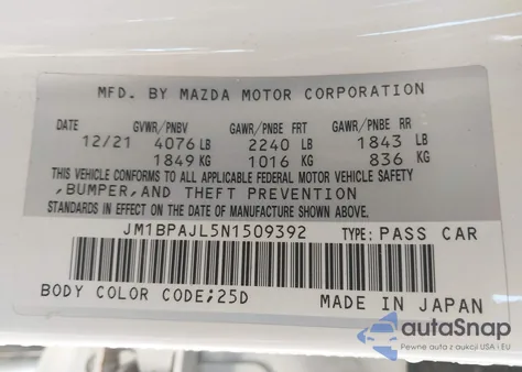 2022 Mazda Mazda3 2.5 S из США, поврежденный, VIN JM1BPAJL5N1509392